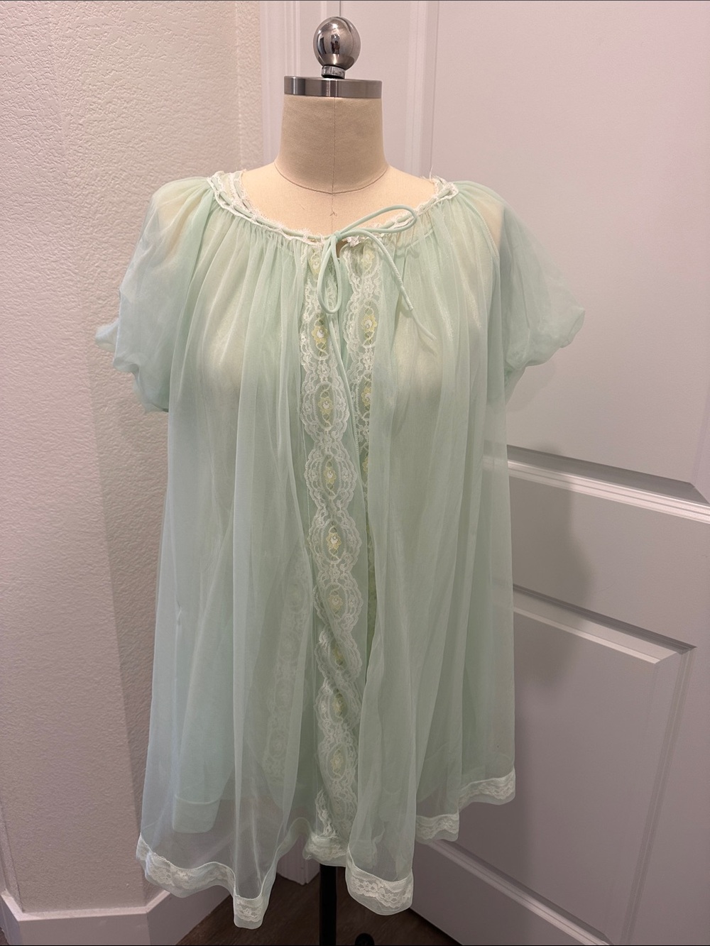 Sheer Mint Green Vintage Nightgown with Lace Trim